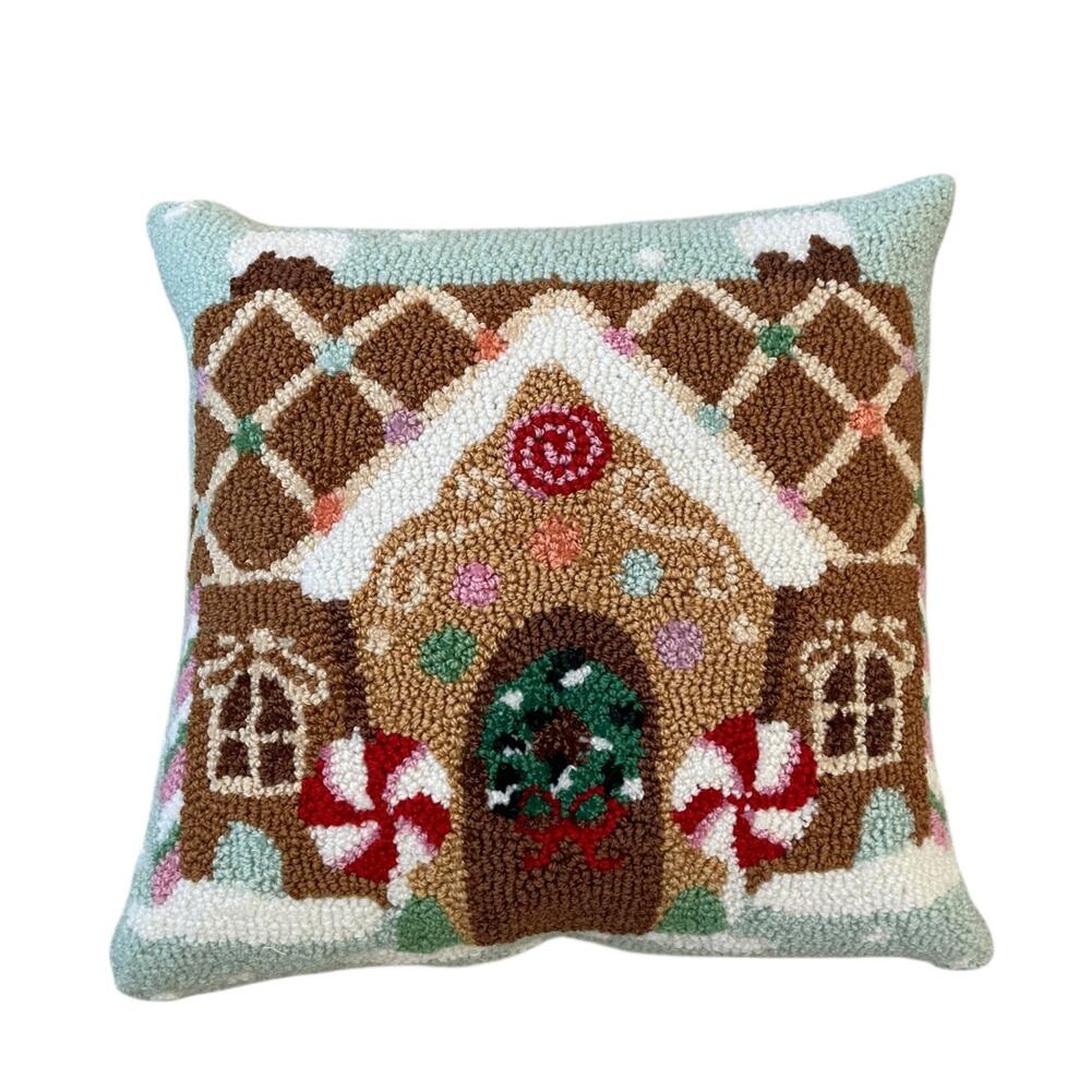 Peking Handicraft Gingerbread House Hooked Pillow 16" Festive Holiday Decor NEW